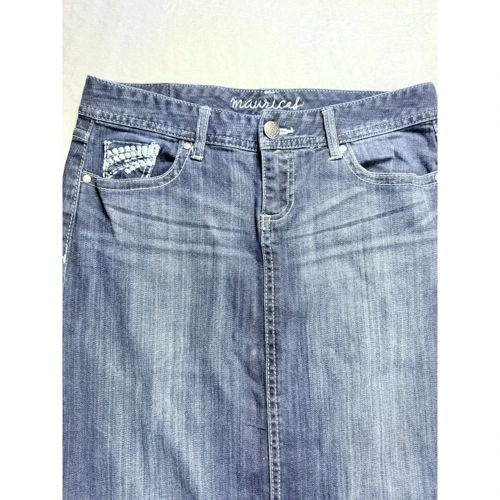 Maurices Dark Wash Denim Maxi Skirt Y2K Boho Embroidered Pockets Size 7/8